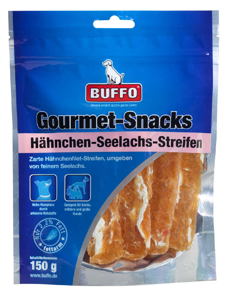 BUFFO Hundeleckerli Gourmet Snacks Hähnchen-Seelachs Streifen